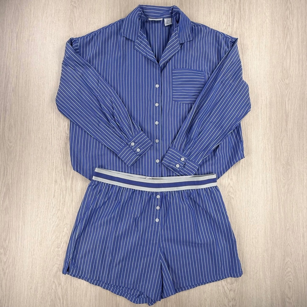 Caroline Constas Pajama Set Blue White Striped Shirt and Shorts M L Loungewear